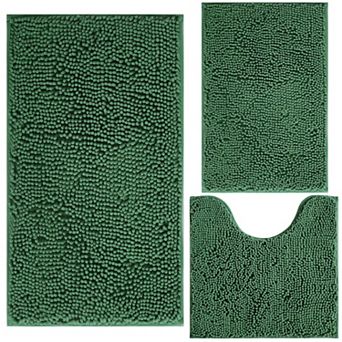 3 pc chenille plush bathroom rug set, non-slip, machine washable, plush material.