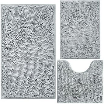 3 pc chenille plush bathroom rug set, non-slip, machine washable, plush material.