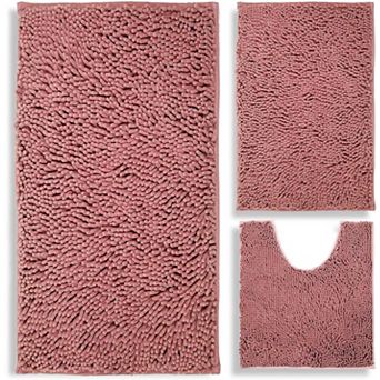3 pc chenille plush bathroom rug set, non-slip, machine washable, plush material.