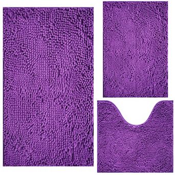 3 pc chenille plush bathroom rug set, non-slip, machine washable, plush material.