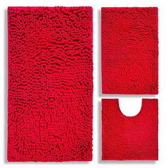 3 pc chenille plush bathroom rug set, non-slip, machine washable, plush material.