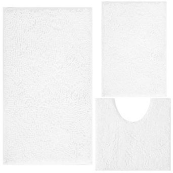 3 pc chenille plush bathroom rug set, non-slip, machine washable, plush material.