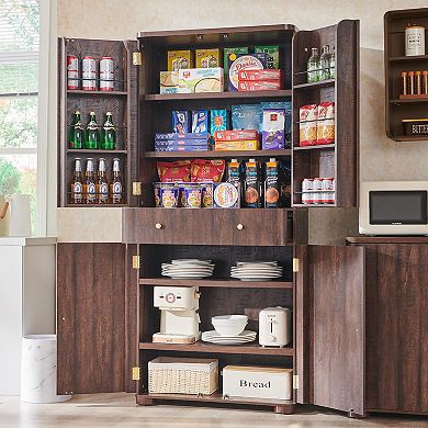 Modern Curved Pantry Cabinet 4 Doors Adjustable Shelves