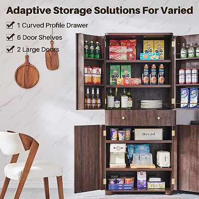 Modern Curved Pantry Cabinet 4 Doors Adjustable Shelves