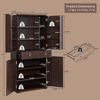 Modern Curved Pantry Cabinet 4 Doors Adjustable Shelves