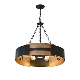 Modern Farmhouse Chandelier Drum Light Fixture Walnut Wood Grain Industrial Chandeliers