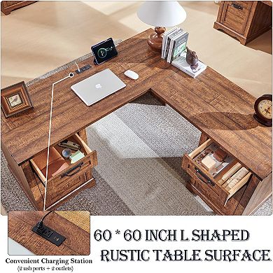 60"L Farmhouse L-Shaped Executive Desk with Charging Drawer Cabinet
