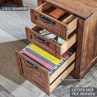 60"L Farmhouse L-Shaped Executive Desk with Charging Drawer Cabinet