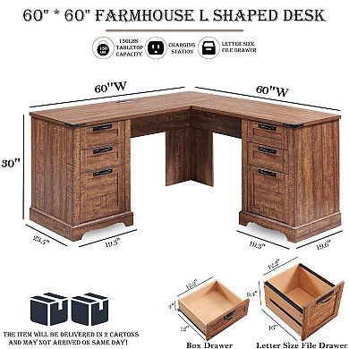 60"L Farmhouse L-Shaped Executive Desk with Charging Drawer Cabinet