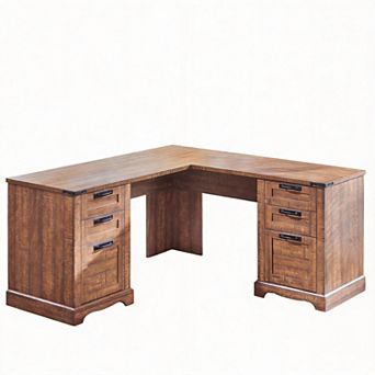 60"L Farmhouse L-Shaped Executive Desk with Charging Drawer Cabinet