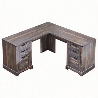 60"L Farmhouse L-Shaped Executive Desk with Charging Drawer Cabinet