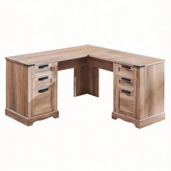 60"L Farmhouse L-Shaped Executive Desk with Charging Drawer Cabinet