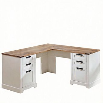 60"L Farmhouse L-Shaped Executive Desk with Charging Drawer Cabinet