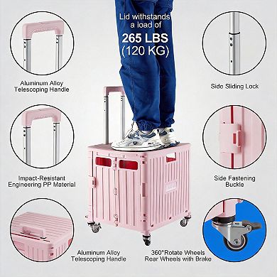 Folding Utility Cart Rolling Crate Collapsible Handcart with Lid