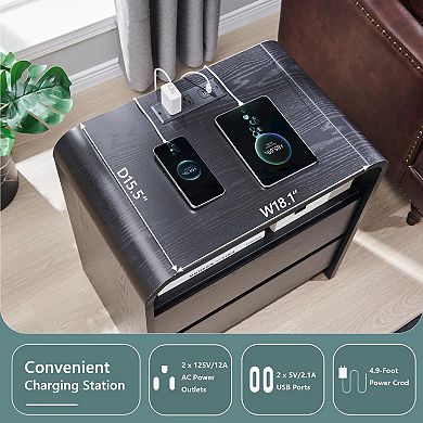 Modern Nightstand with Charging Station 2-Drawer Mid-Century Curved End Table
