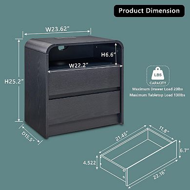 Modern Nightstand with Charging Station 2-Drawer Mid-Century Curved End Table