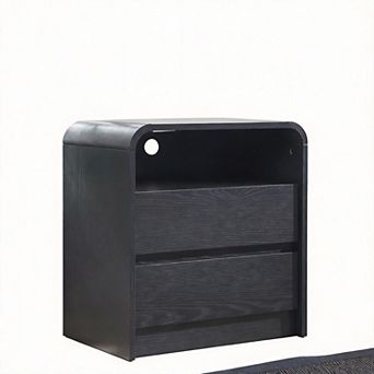 Modern Nightstand with Charging Station 2-Drawer Mid-Century Curved End Table