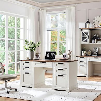 150lb Farmhouse Executive Desk with Charging Station Keyboard Tray File Drawer 3drawers