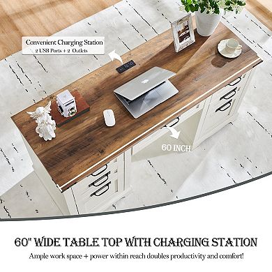 150lb Farmhouse Executive Desk with Charging Station Keyboard Tray File Drawer 3drawers