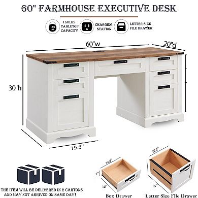 150lb Farmhouse Executive Desk with Charging Station Keyboard Tray File Drawer 3drawers