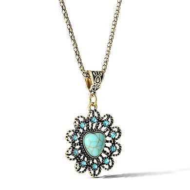 JS Jessica Simpson Turquoise Stone Ornate Necklace 16" Gold Tone