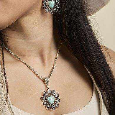 JS Jessica Simpson Turquoise Stone Ornate Necklace 16" Gold Tone