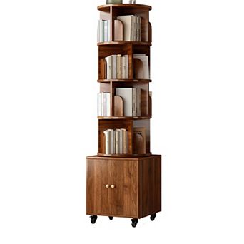 Aurora Ascent Walnut 5 tier 360-Degree Rotating Bookshelf with Storage Drawer