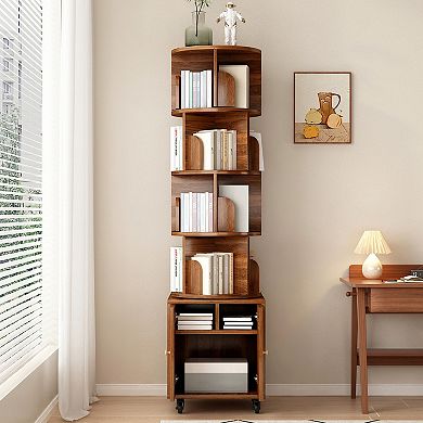 Aurora Ascent Walnut 5-Tier 360-Degree Rotating Bookshelf with Storage Drawer