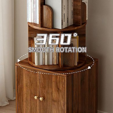 Aurora Ascent Walnut 5-Tier 360-Degree Rotating Bookshelf with Storage Drawer