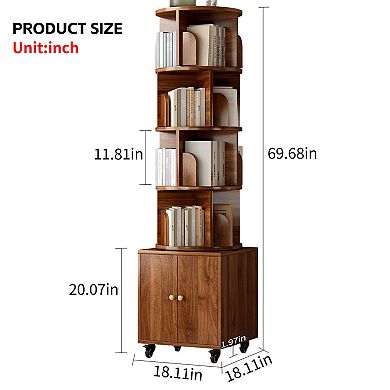 Aurora Ascent Walnut 5-Tier 360-Degree Rotating Bookshelf with Storage Drawer