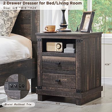 2-Piece Farmhouse Style Bedside Table with Charging Station and Double Drawers - Rustic Side Table