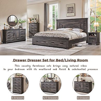 2-Piece Farmhouse Style Bedside Table with Charging Station and Double Drawers - Rustic Side Table