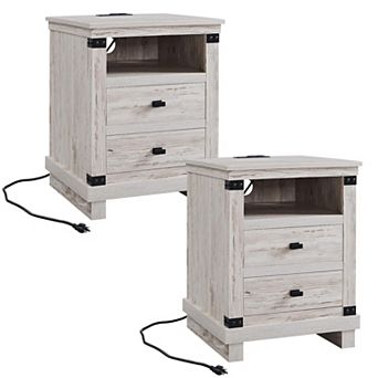 2 pc Farmhouse Style Bedside Table with Charging Station and Double Drawers - Rustic Side Table