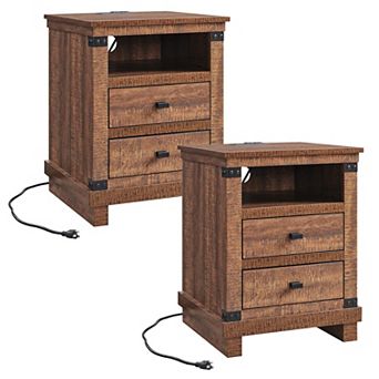 2 pc Farmhouse Style Bedside Table with Charging Station and Double Drawers - Rustic Side Table