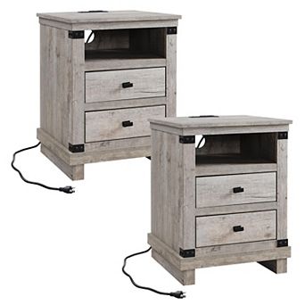 2 pc Farmhouse Style Bedside Table with Charging Station and Double Drawers - Rustic Side Table