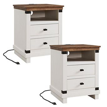 2 pc Farmhouse Style Bedside Table with Charging Station and Double Drawers - Rustic Side Table
