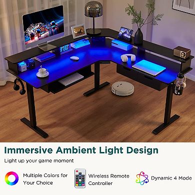60"L L Shaped Electric Standing Desk Adjustable Corner Gaming with Drawers