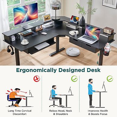 60"L L Shaped Electric Standing Desk Adjustable Corner Gaming with Drawers