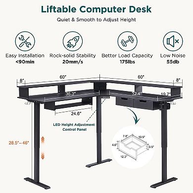 60"L L Shaped Electric Standing Desk Adjustable Corner Gaming with Drawers