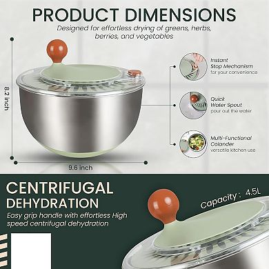 5 Qt Stainless Steel Salad Spinner, Vegetable & Fruit Washer with Non-Slip Base