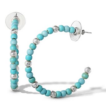 JS Jessica Simpson Turquoise Bead Hoop Earrings in Silver Tone