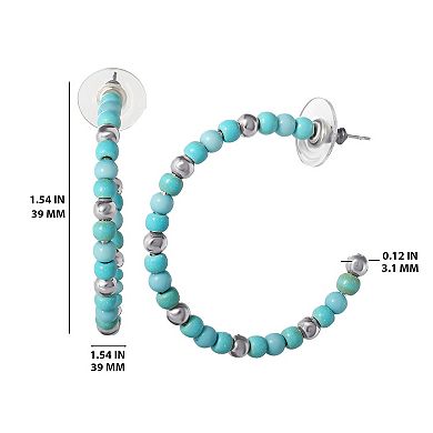 JS Jessica Simpson Turquoise Bead Hoop Earrings in Silver Tone