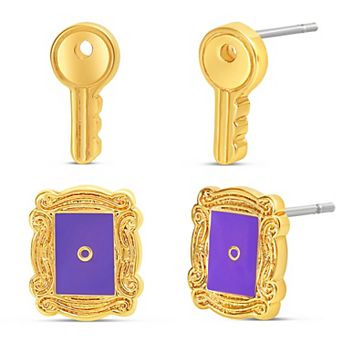 Friends TV Show Stud Earring 2 Pair Set, Friends Peephole Frame and Key Studs