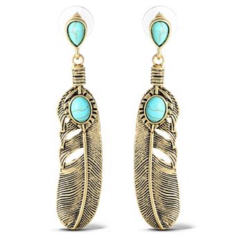 JS Jessica Simpson Turquoise Feather Drop Earrings in Oxidized Gold-Tone