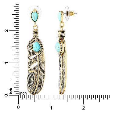 JS Jessica Simpson Turquoise Feather Drop Earrings in Oxidized Gold-Tone