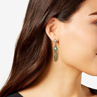JS Jessica Simpson Turquoise Feather Drop Earrings in Oxidized Gold-Tone