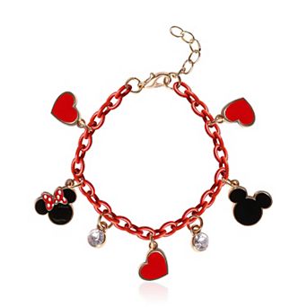 Disney Mickey and Minnie Mouse Charm Bracelet with Red Chain 6.5"+1"