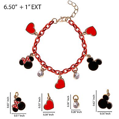 Disney Mickey and Minnie Mouse Charm Bracelet with Red Chain 6.5"+1"