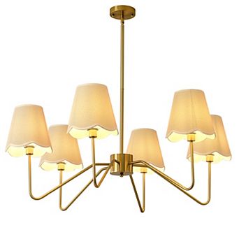 Adjustable Rustic Pendant Light for Dining Room Gold Chandeliers with Fabric Lamp Shade