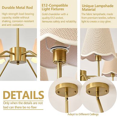 Adjustable Rustic Pendant Light for Dining Room Gold Chandeliers with Fabric Lamp Shade